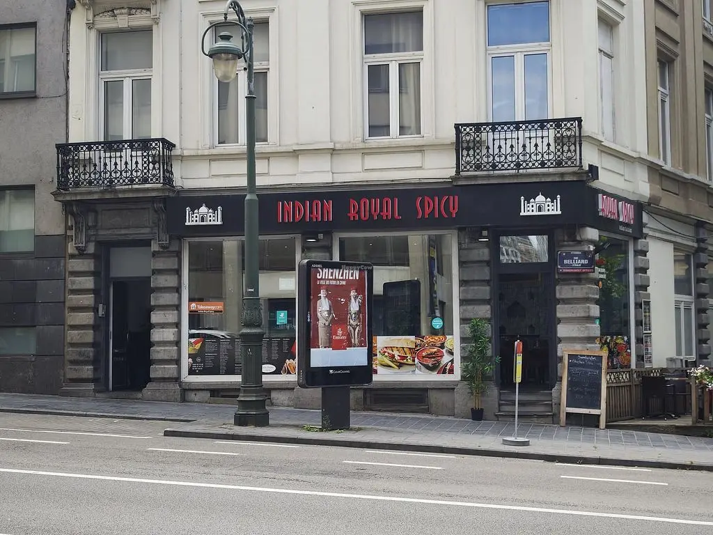 Indian Royal Spicy restaurant exterior on Rue Belliard, Brussels